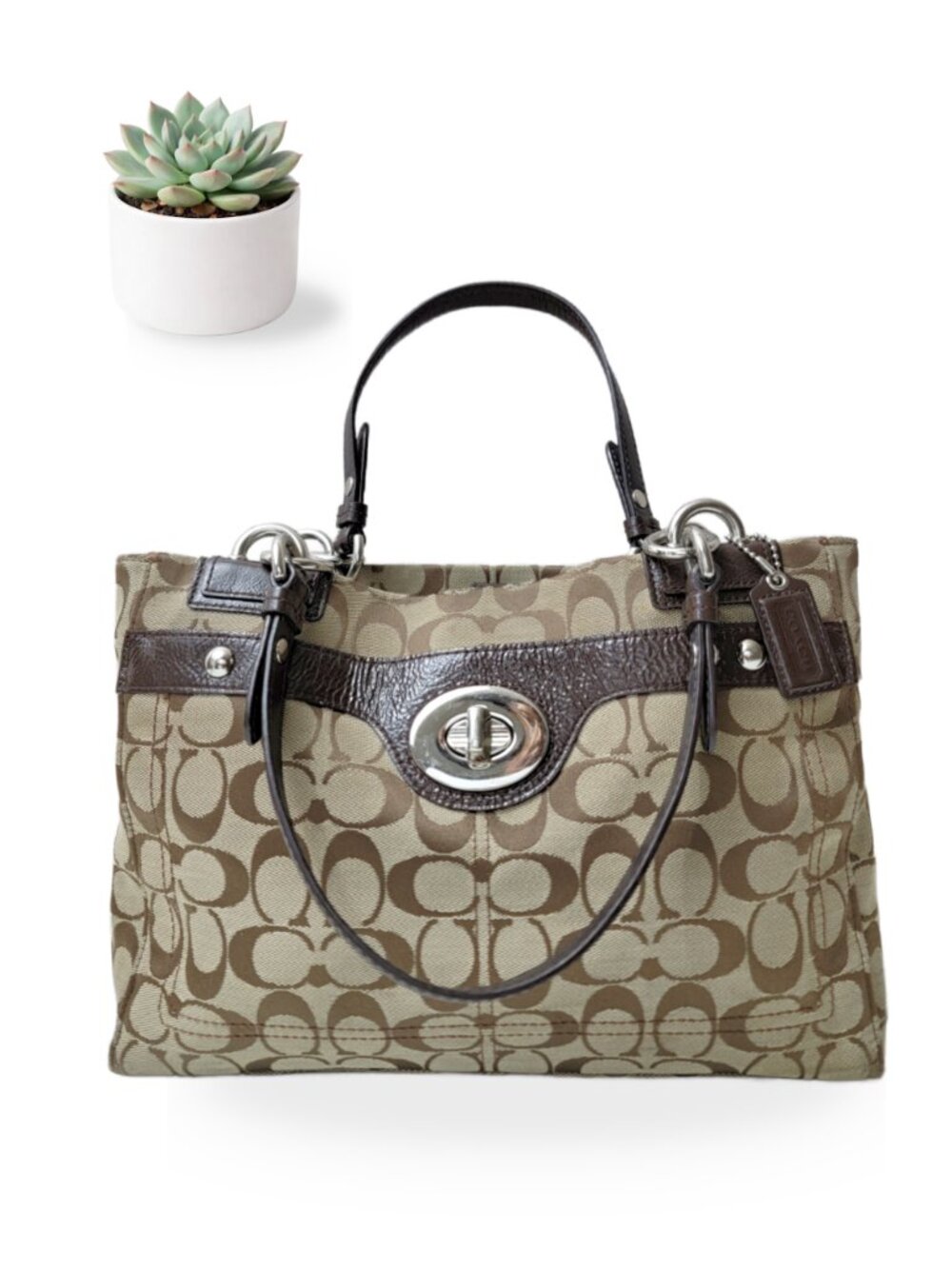 Coach Signature Tote Handbags Khaki Brown Patent Leather Turnlock Bag F16540